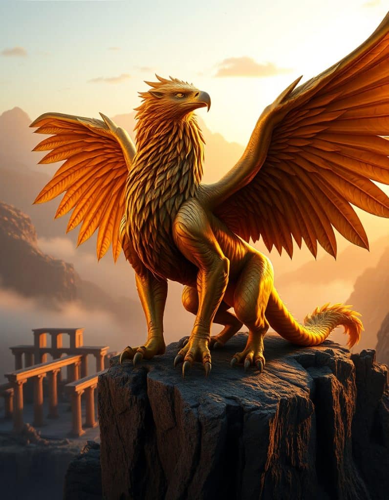 A golden griffin, a powerful mythical creature from Griffin mythology, depicted as a guardian of ancient treasures.