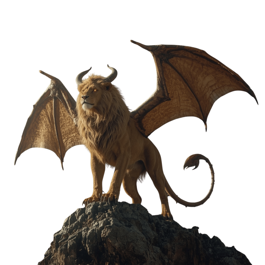 Home 3 A fearsome winged lion with horns, glowing eyes, and a scorpion-like tail stands majestically on a rocky peak — a powerful representation of Mythical Beasts from ancient lore.